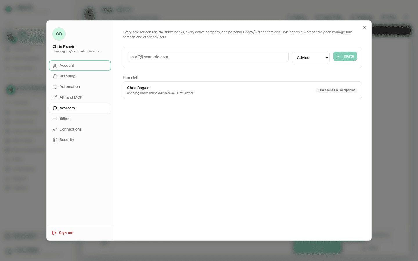 LedgerHQ account dialog Advisors tab listing firm members with their roles and the invite control