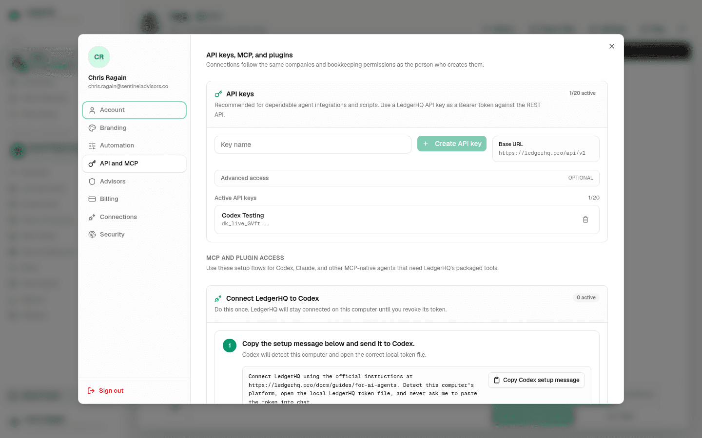LedgerHQ API and MCP tab with the API keys card, key name field, Create API key button, and the base URL