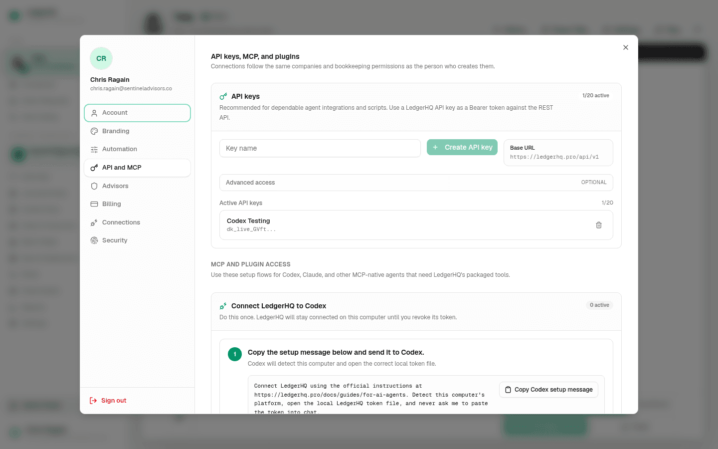 LedgerHQ MCP and plugin access section with the Codex connection token and Claude remote MCP setup blocks