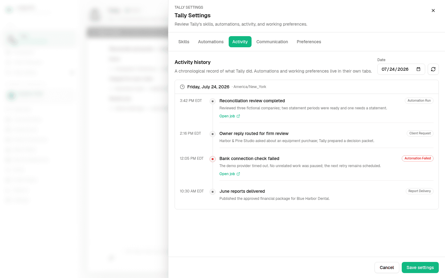 The Tally Activity history log for a selected day