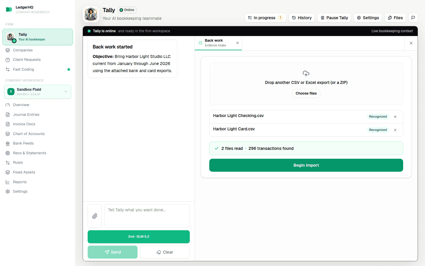 Tally starting a Back work program with bank exports attached