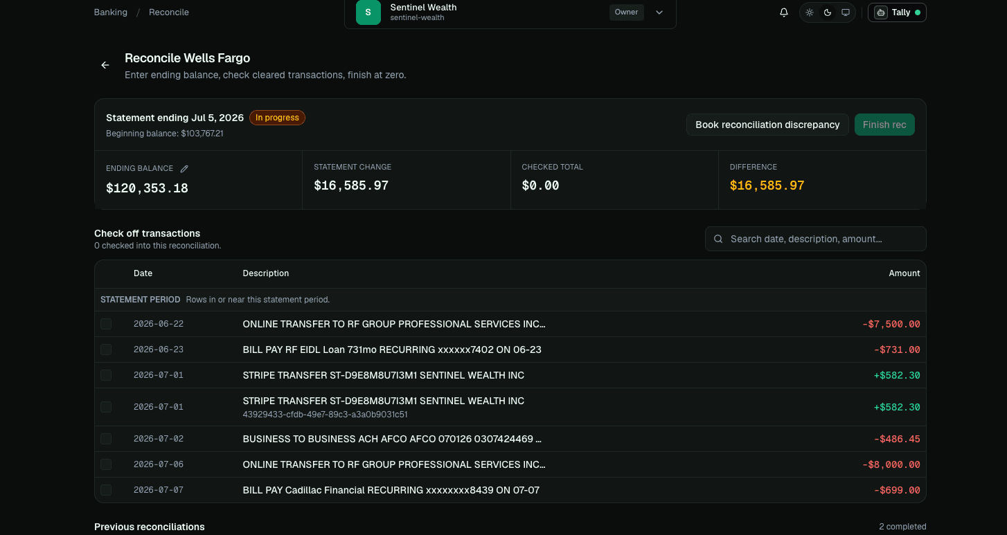 LedgerHQ in-progress bank reconciliation screen showing statement ending balance, checked total, difference, discrepancy entry action, and statement-period transactions