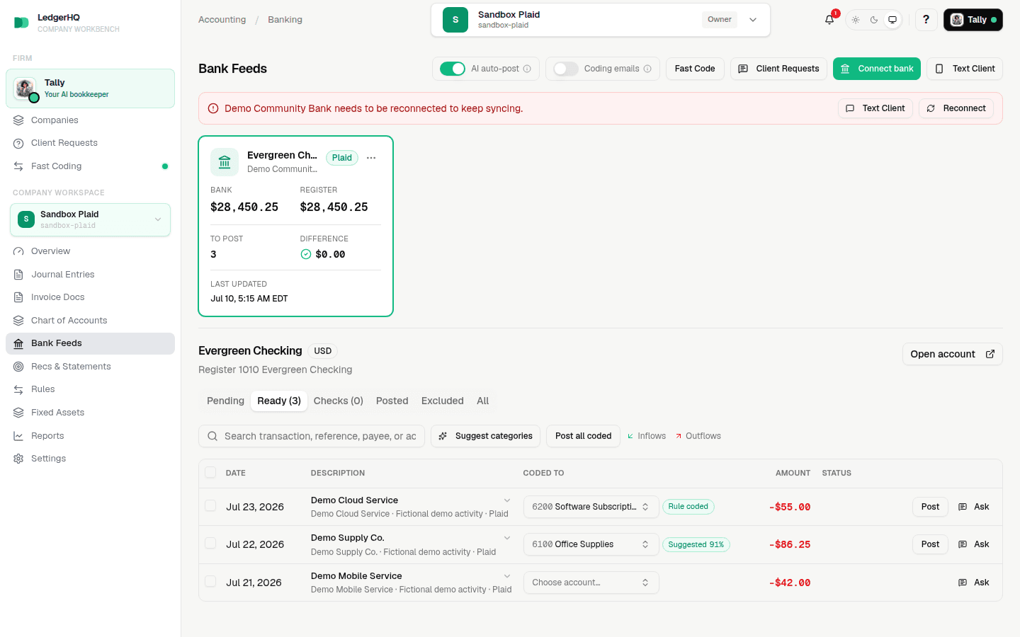 A bank feed card needing attention with a stale last update