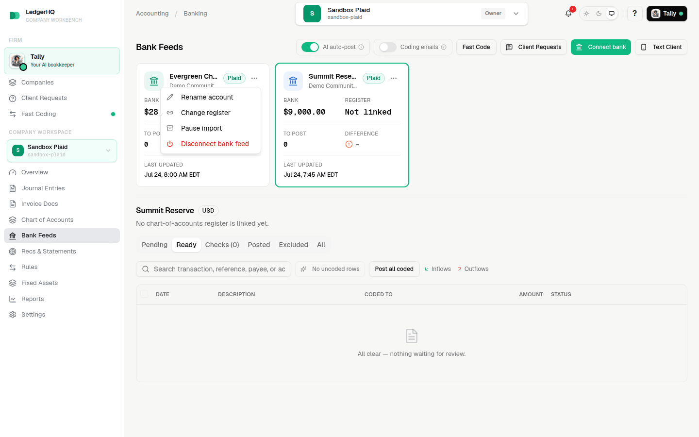 The bank feed account menu showing change register, pause, and disconnect