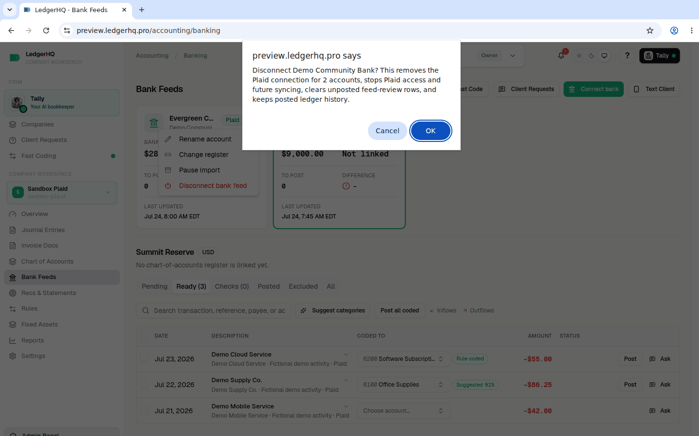 The disconnect confirmation showing how many accounts it affects