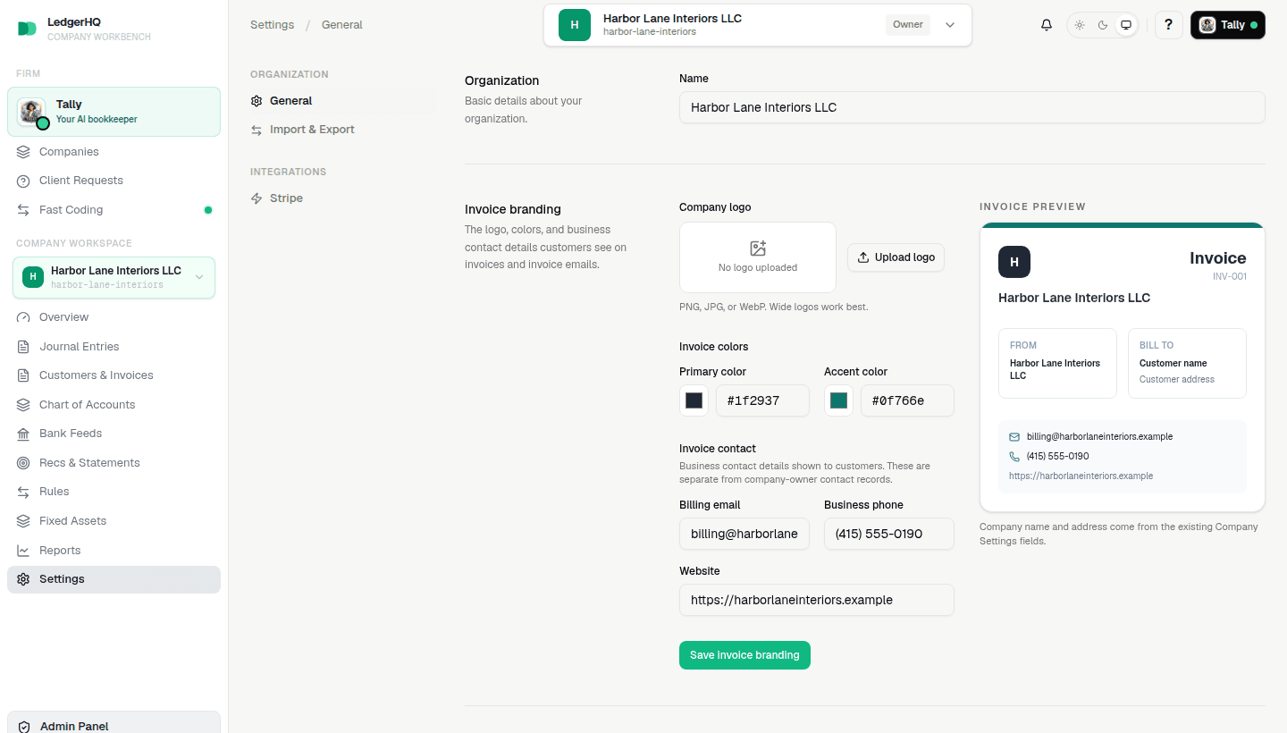 LedgerHQ company Settings showing the Invoice branding section with logo, colors, and contact fields beside the live invoice preview