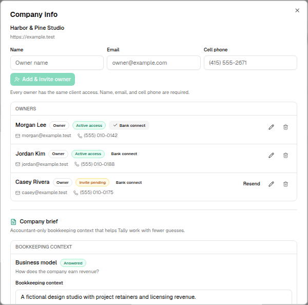 The Company info dialog showing equal owners and the company brief
