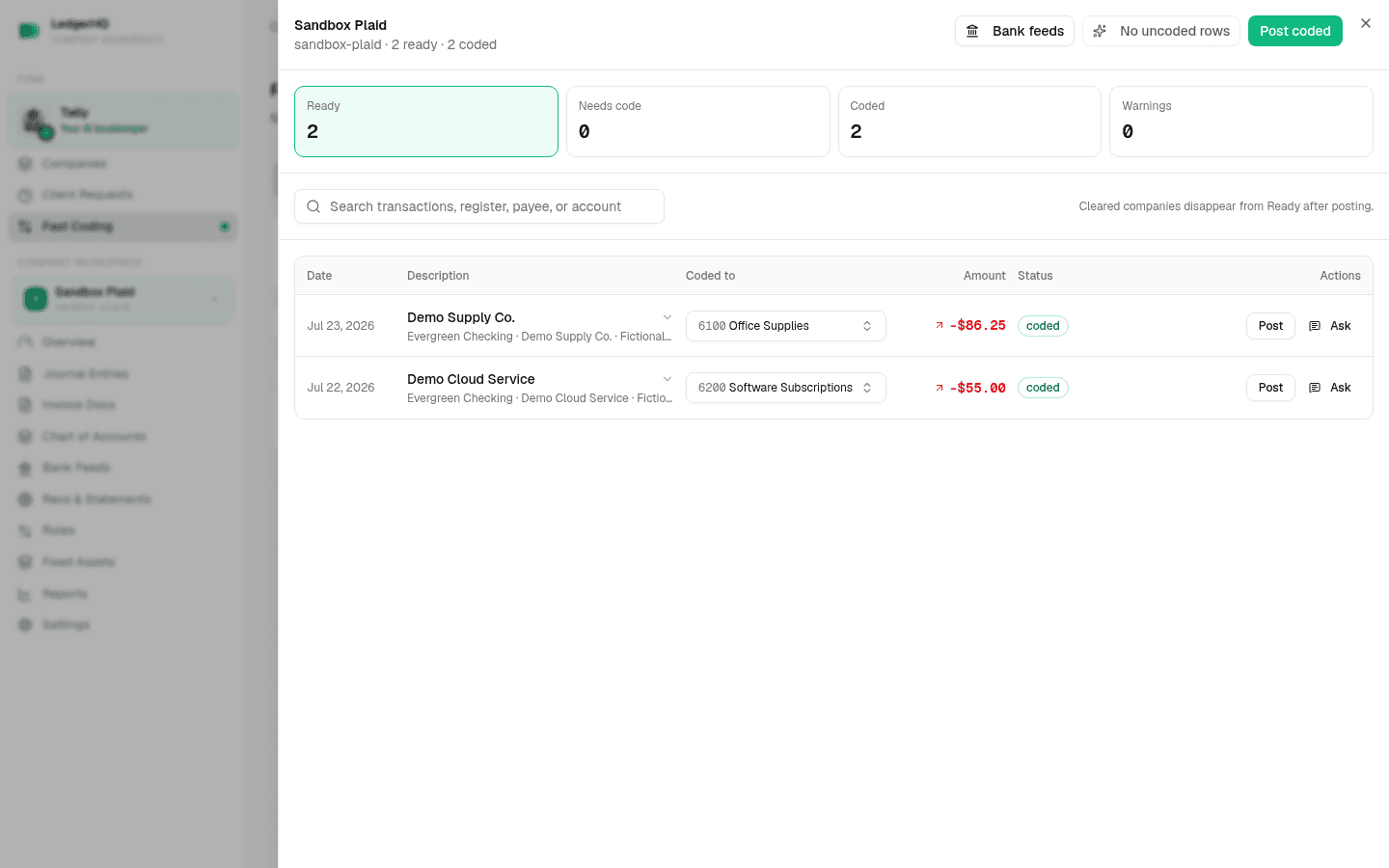 The same bank transaction coded to Software Subscriptions but not posted