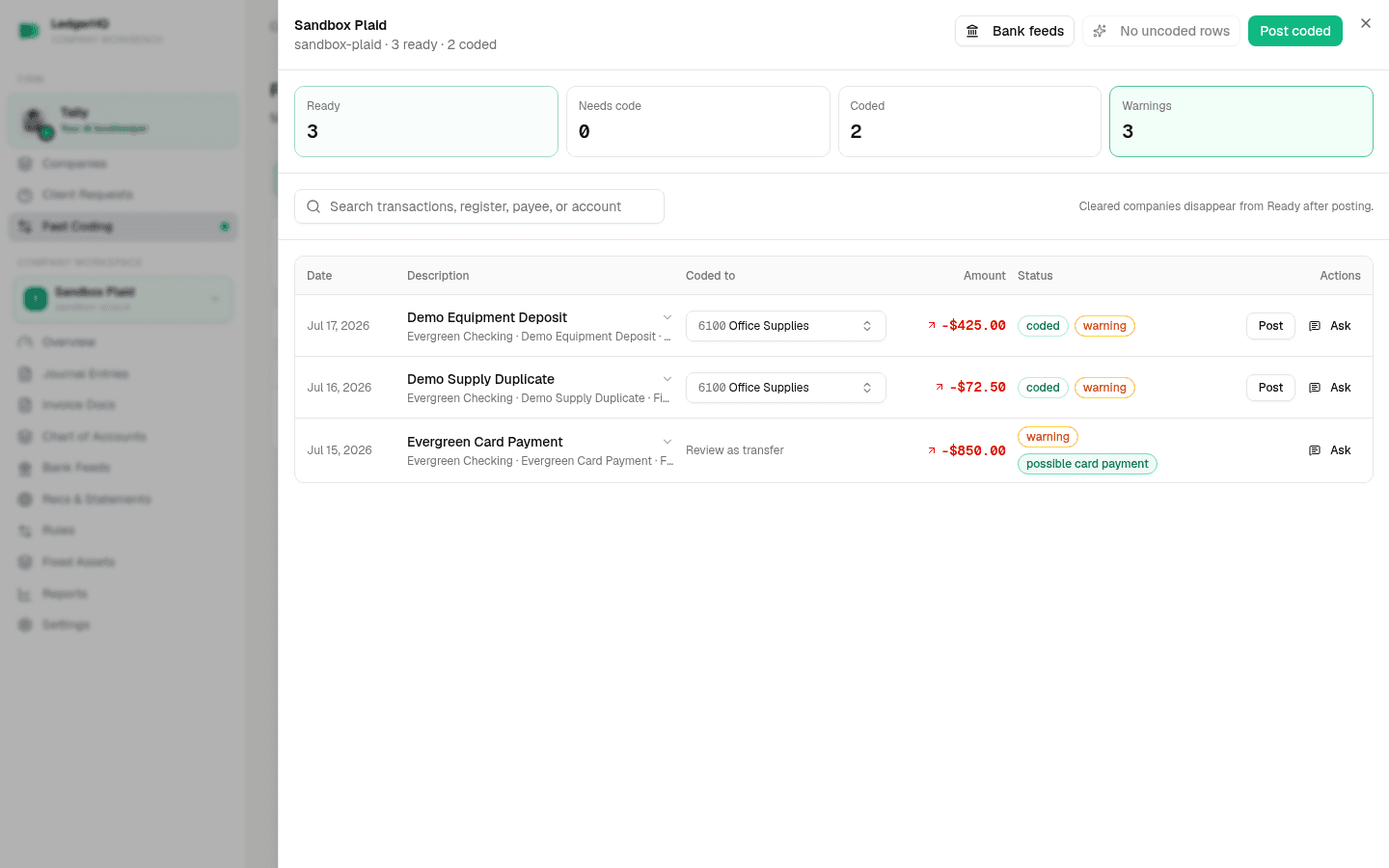 The Fast Coding Warnings filter showing flagged transactions