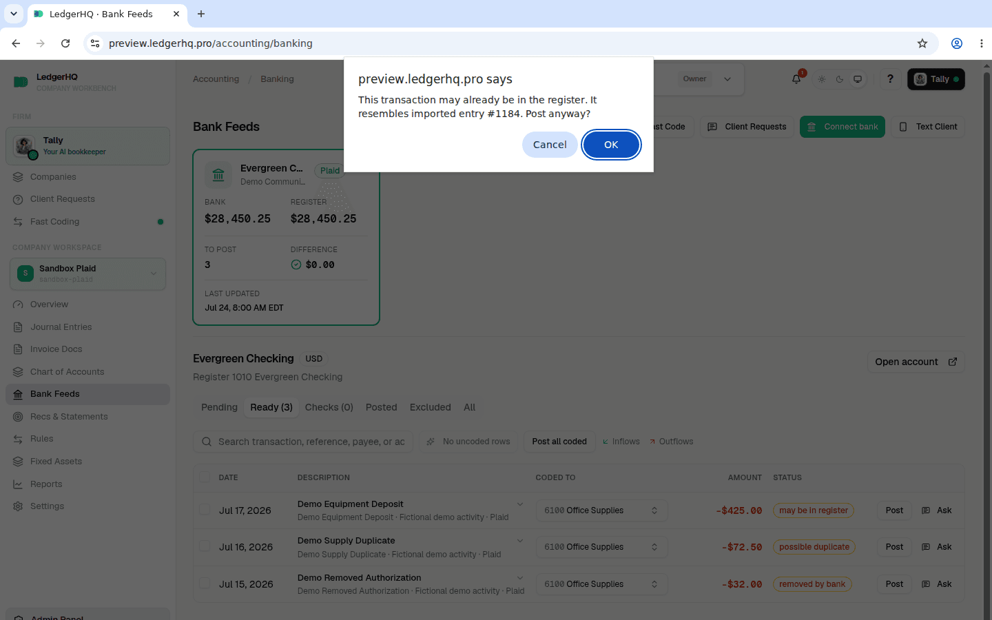 The confirmation warning that a transaction may already be in the register