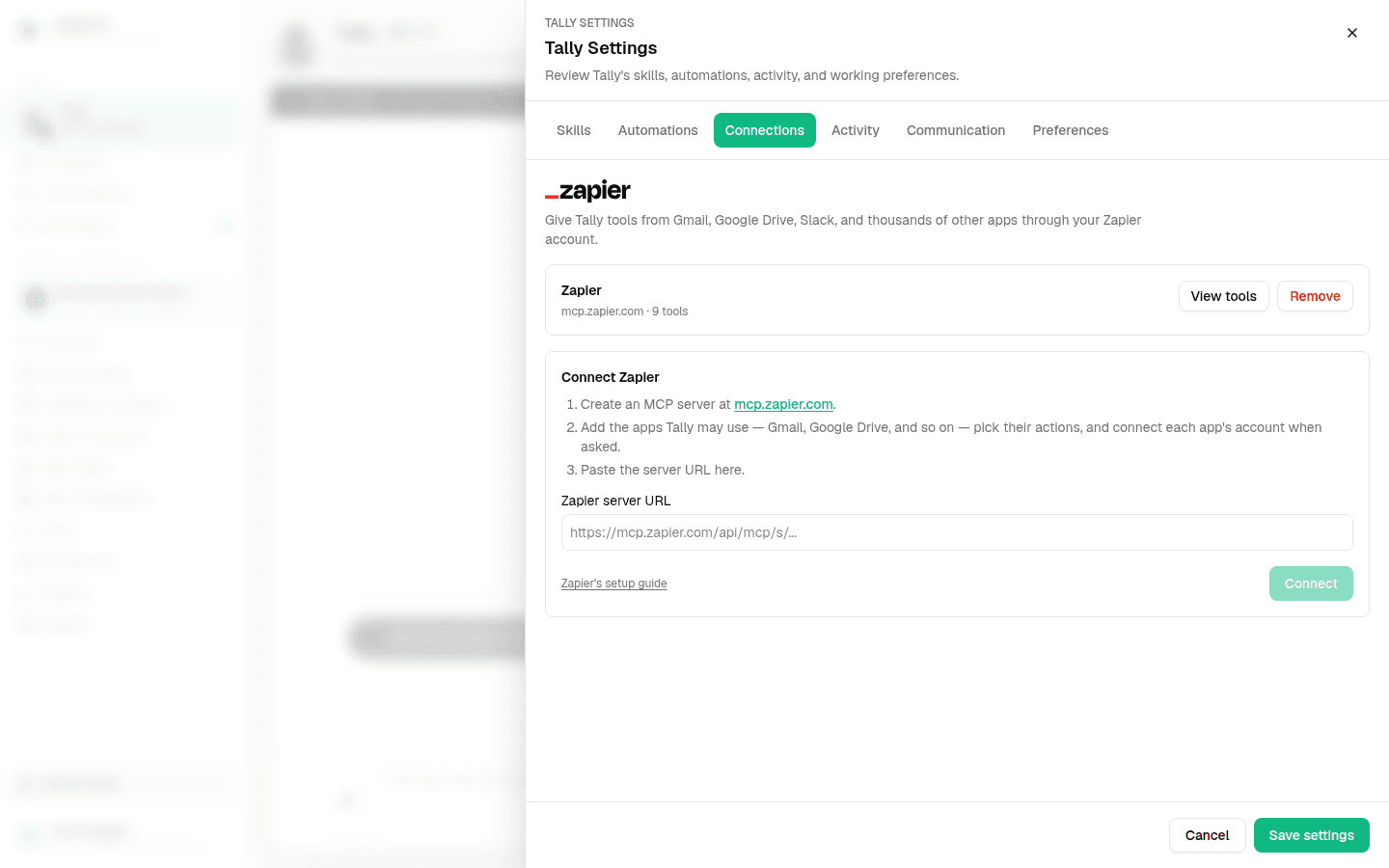 LedgerHQ Tally Connections tab with a connected Zapier card showing host and tool count beside View tools and Remove buttons
