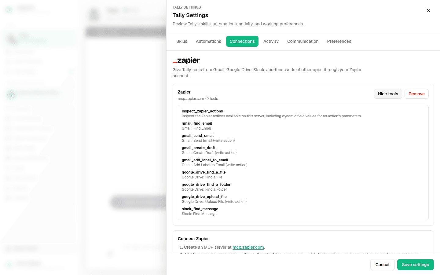 Expanded Zapier tool list in the Tally Connections tab showing named per-app actions with their descriptions