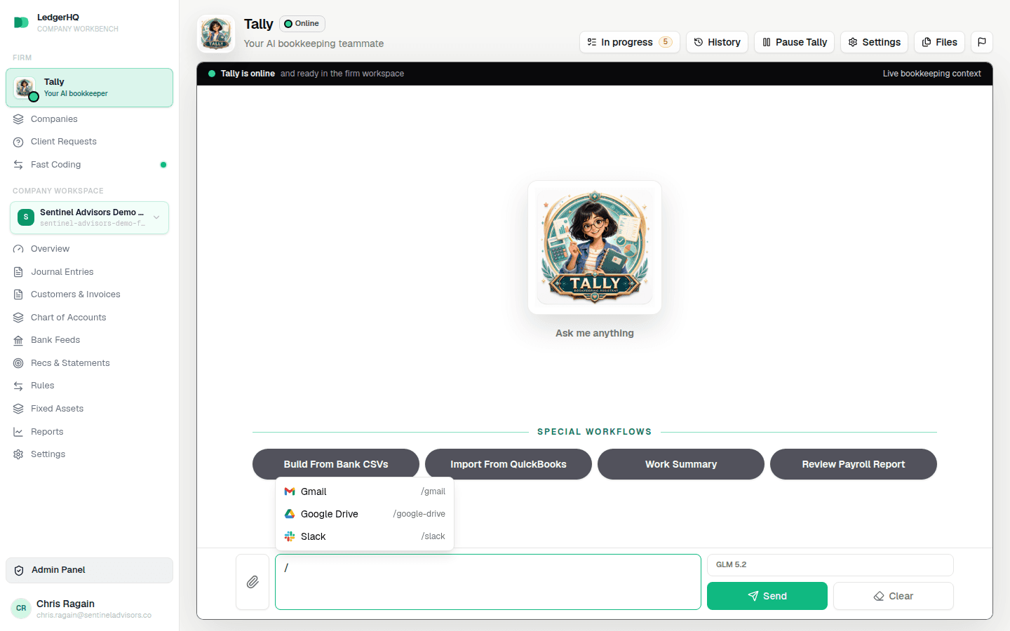 Tally composer showing the slash menu listing connected apps with their logos and slugs