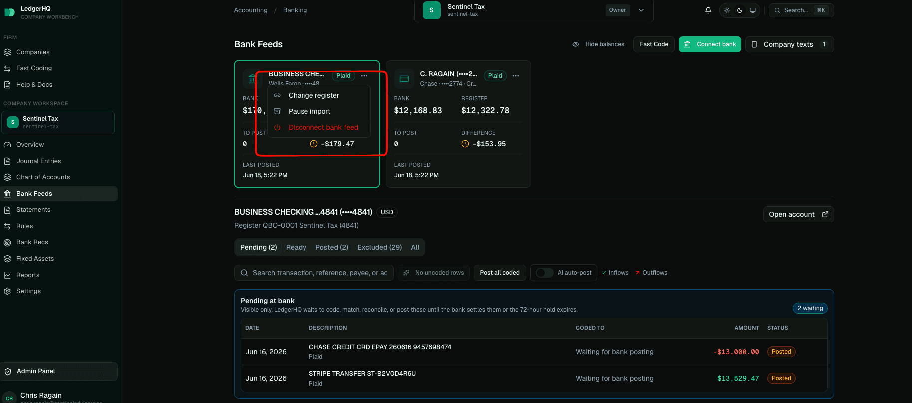 LedgerHQ Bank Feeds account-card menu with register, import, and disconnect actions