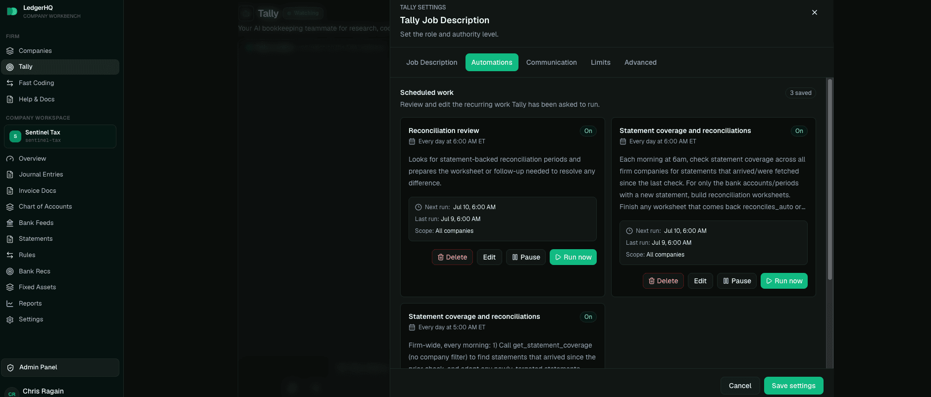 LedgerHQ Tally settings panel showing scheduled work automations with run, pause, edit, and delete controls