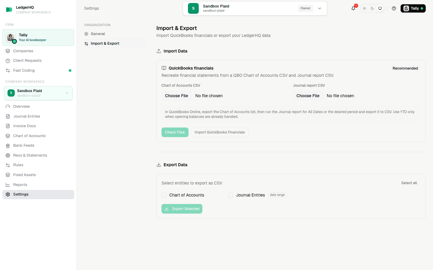 LedgerHQ Import & Export page showing the two QuickBooks CSV destinations