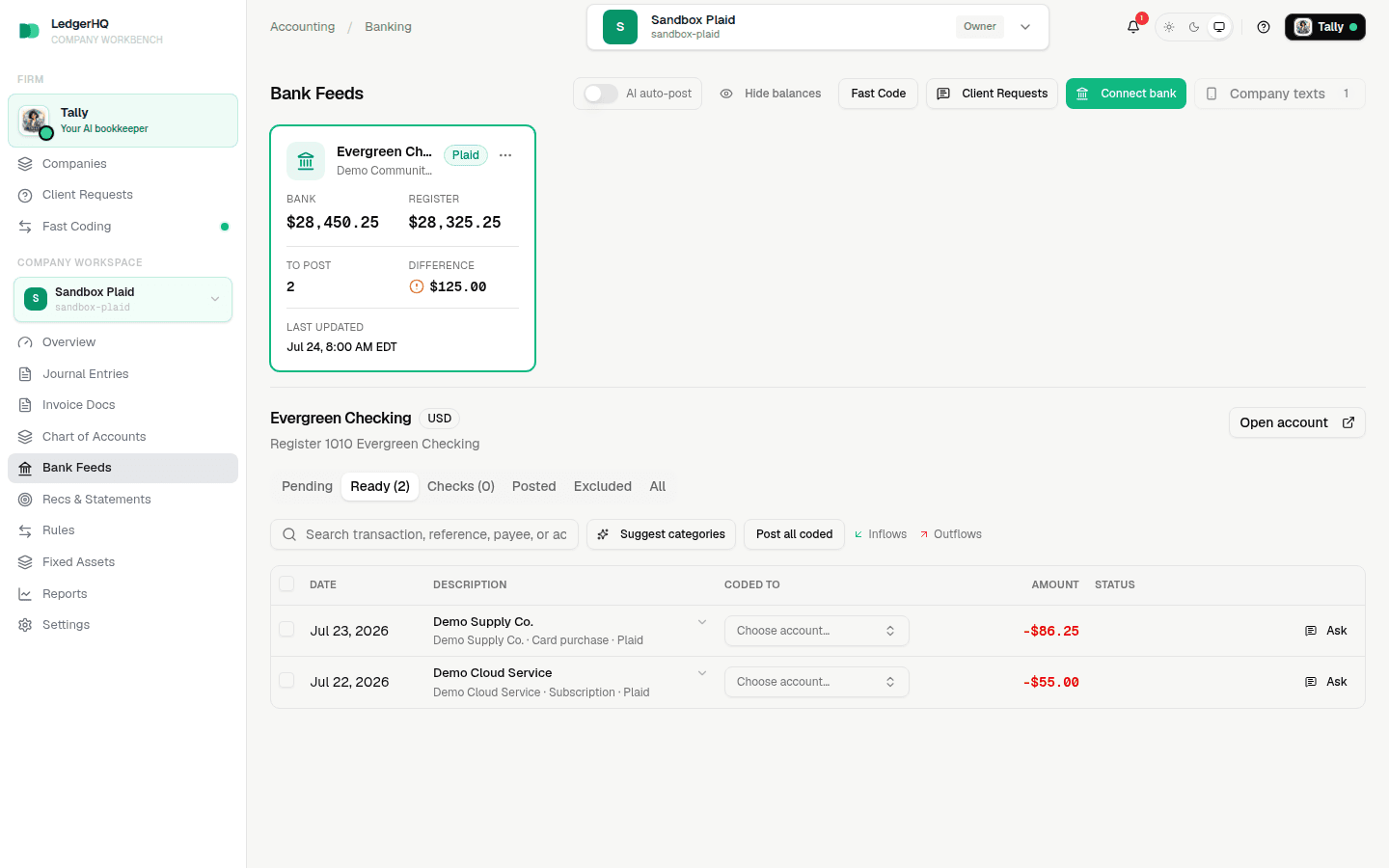 LedgerHQ Bank Feeds destination with a healthy fictional connected account and new activity