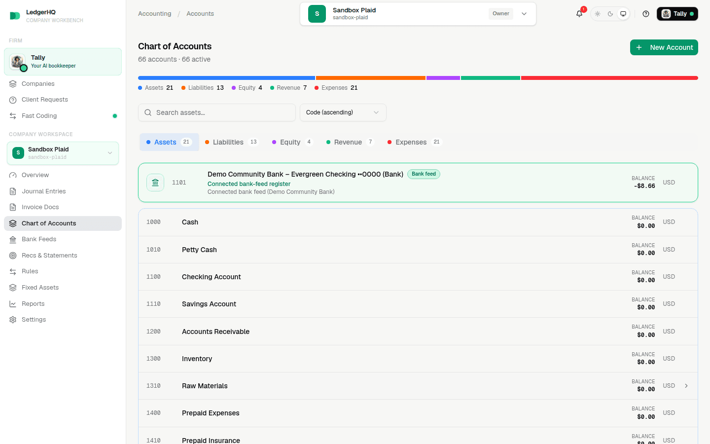 Fictional Chart of Accounts with the connected bank register visible