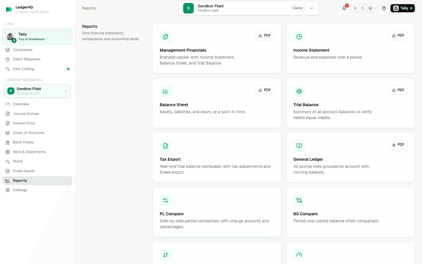 LedgerHQ Reports catalog with Income Statement, Balance Sheet, Trial Balance, and General Ledger
