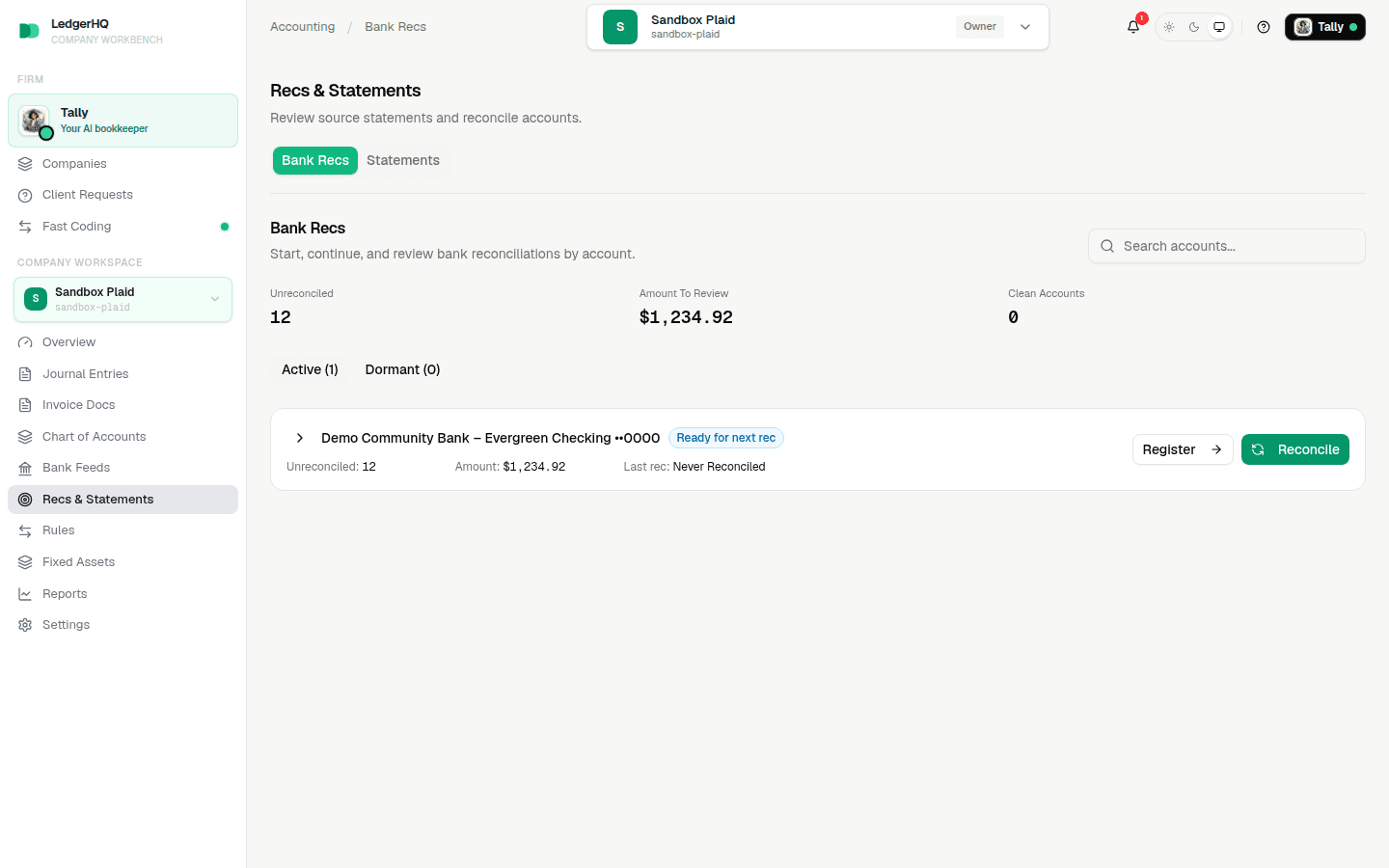 Fictional Bank Recs list with a register ready for its next reconciliation