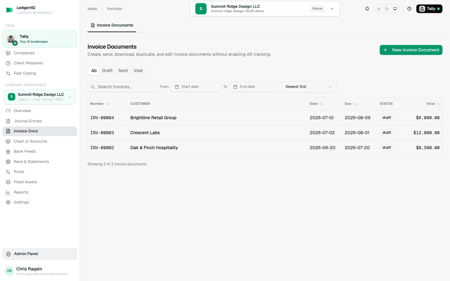 LedgerHQ Invoice Documents list showing invoice number, customer, dates, status, and total columns with the New Invoice Document button