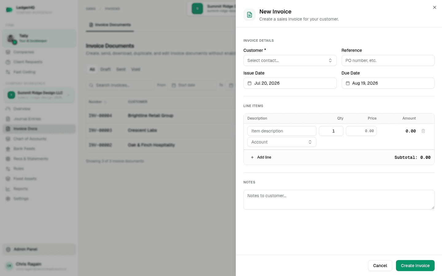 LedgerHQ New Invoice create panel with customer, reference, issue and due dates, line items, and notes fields
