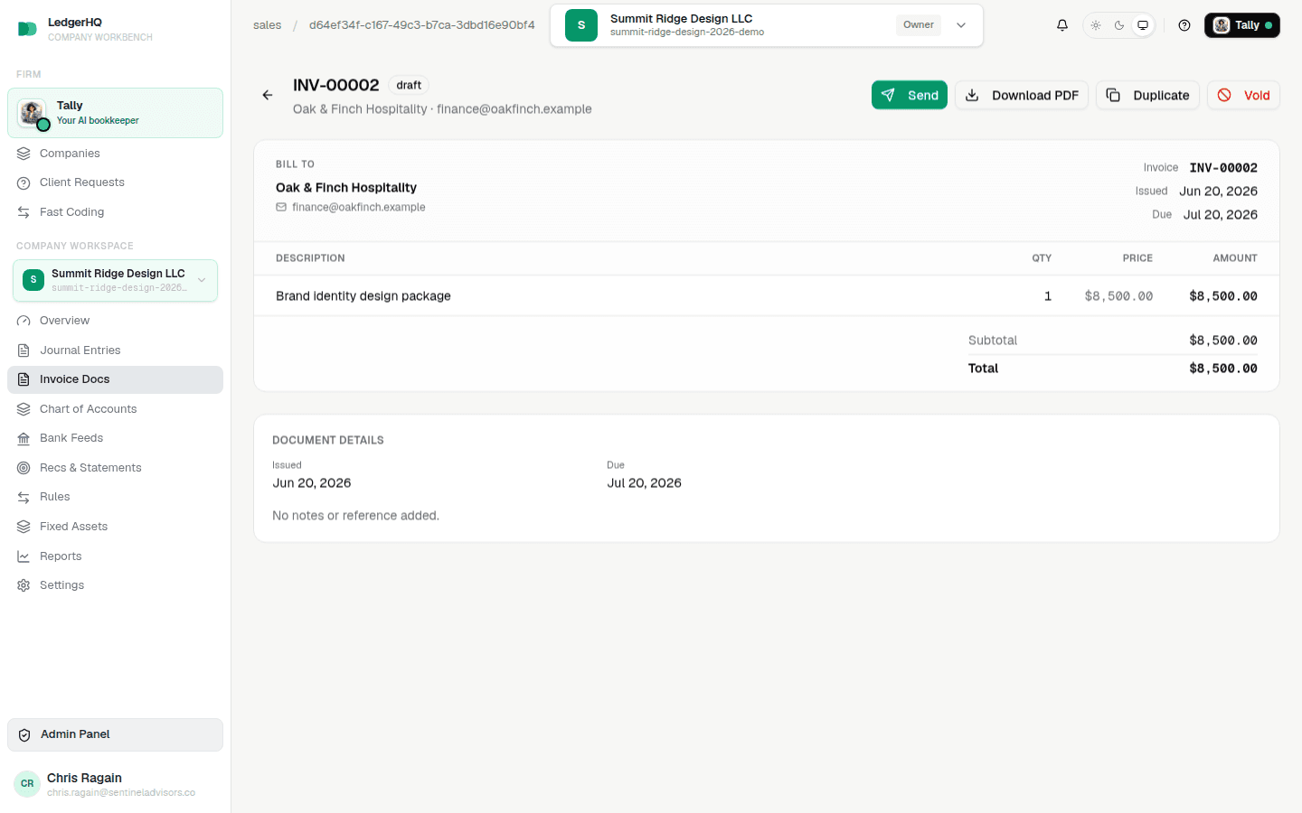 LedgerHQ invoice detail page with the rendered document, status badge, and Send, Download PDF, Duplicate, and Void actions