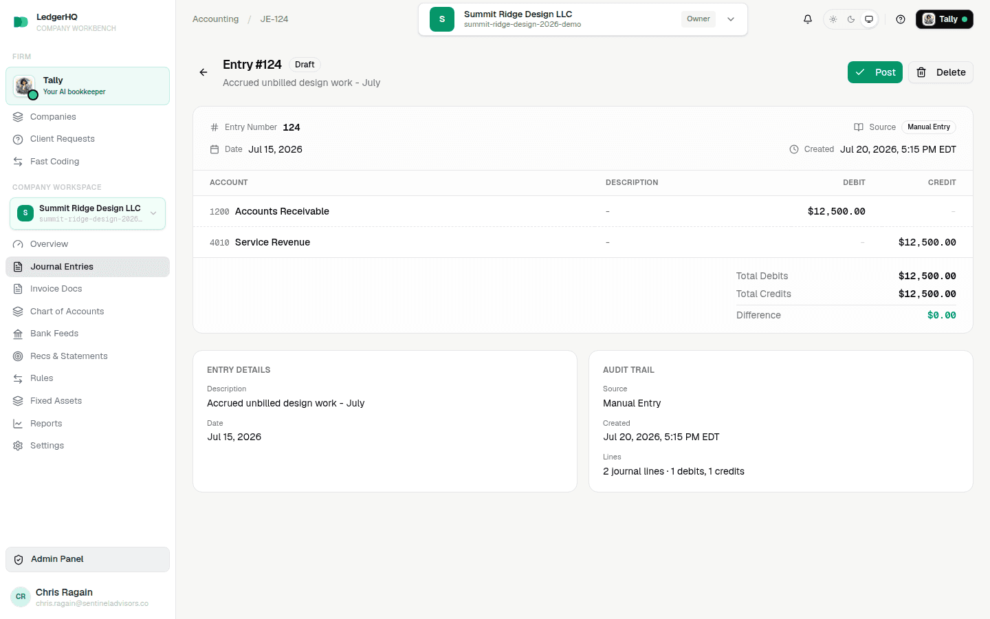 LedgerHQ journal entry detail page showing the lines, the balanced totals footer, and the Post and Delete actions