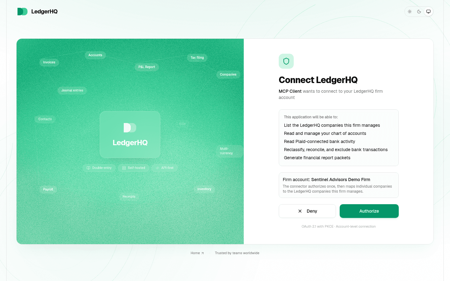 LedgerHQ Connect screen listing what a connecting client will be able to do, with Deny and Authorize buttons
