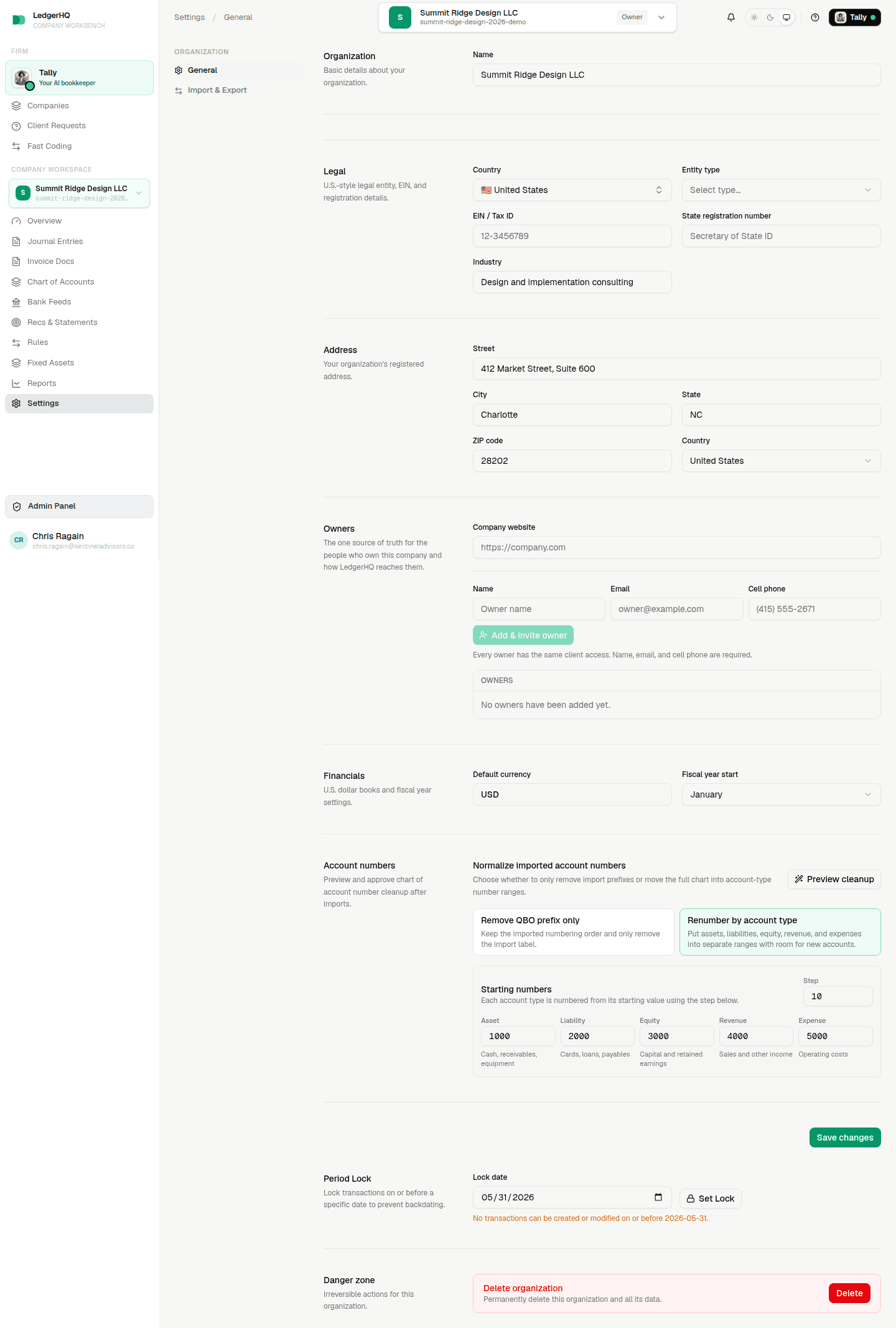 LedgerHQ company Settings Legal section with country, entity type, EIN, state registration, and industry fields