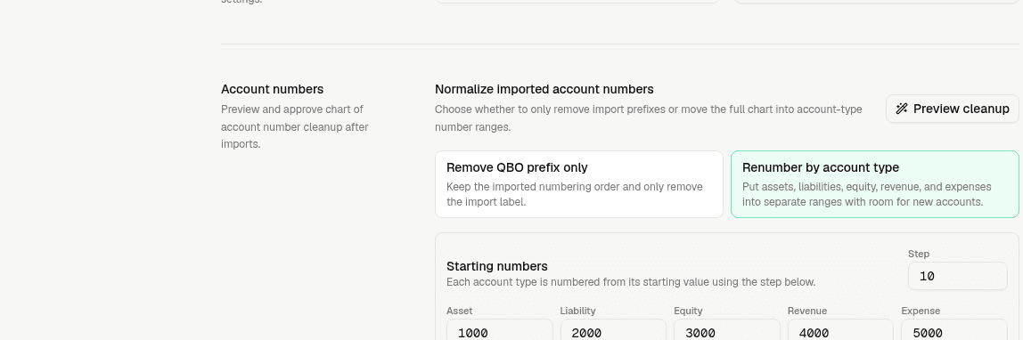 LedgerHQ account-number normalizer preview table with Current, Proposed, and Status columns