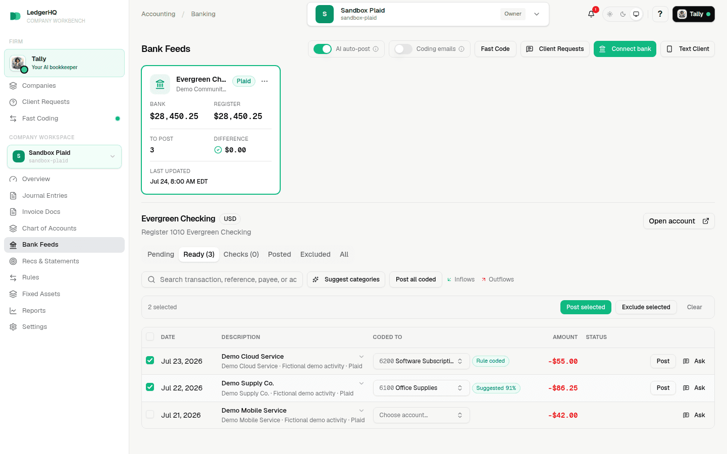 Bank feed rows selected with the Post selected action available
