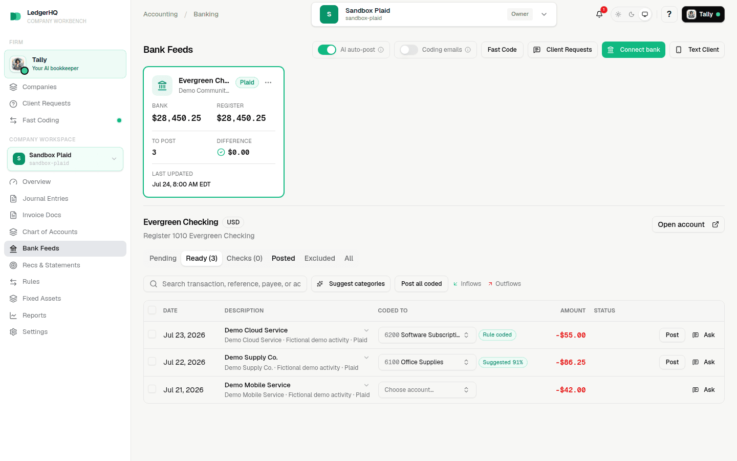 The Post all coded control with one bank account selected