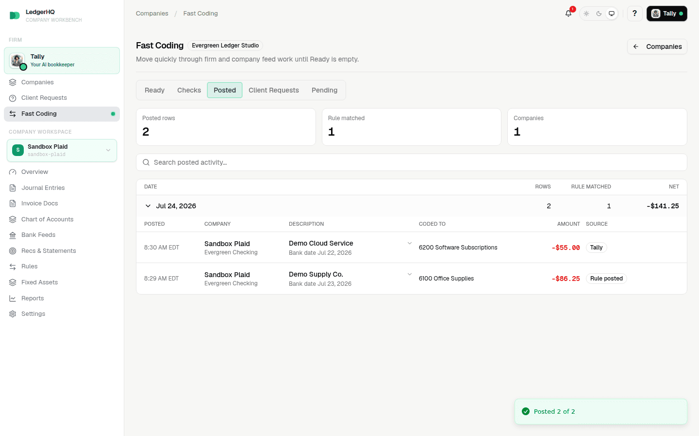 Fast Coding Activity showing posted transactions and their sources