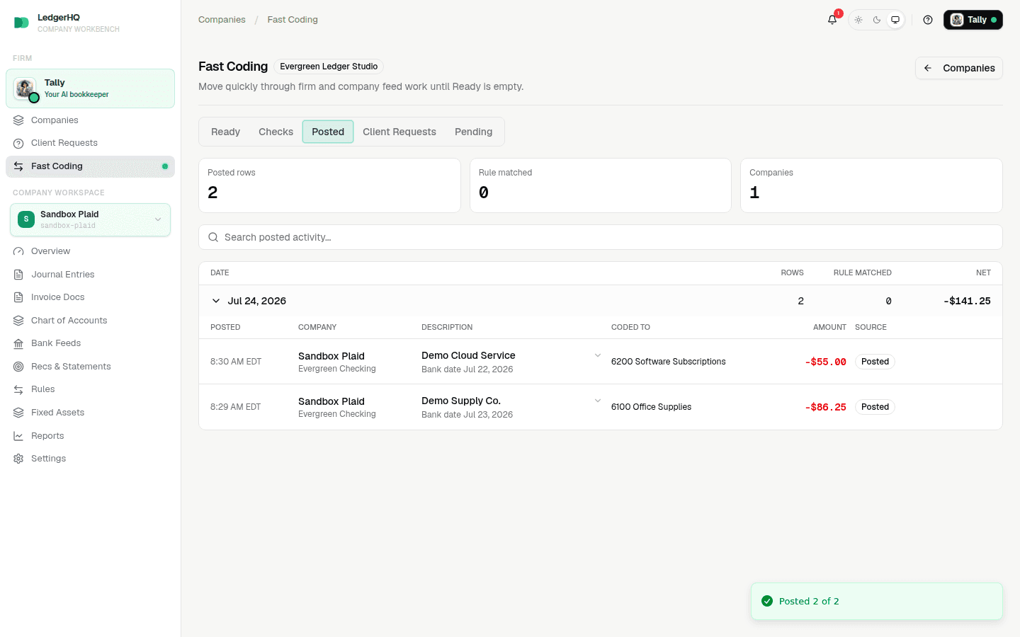 Fast Coding Posted activity showing the exact two-row fictional posting batch