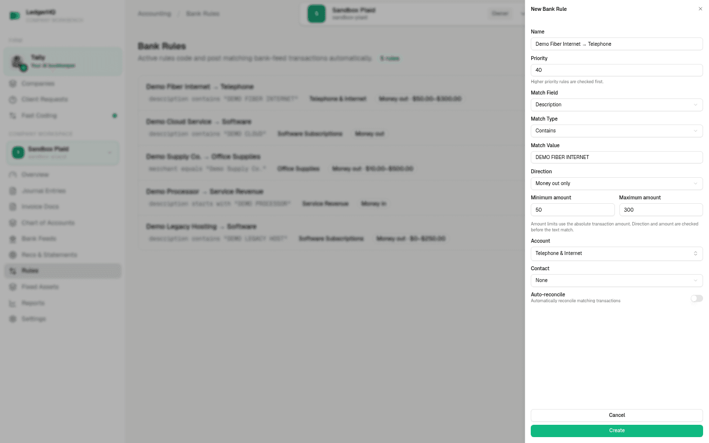 The New Bank Rule form with match settings and account