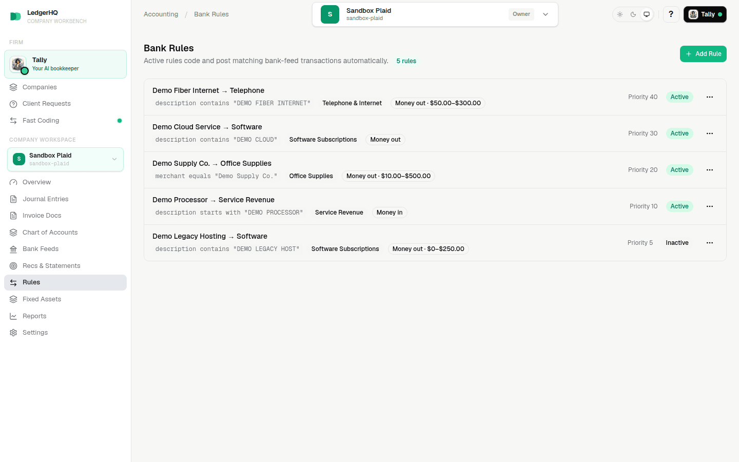A newly created bank rule shown active in the rules list