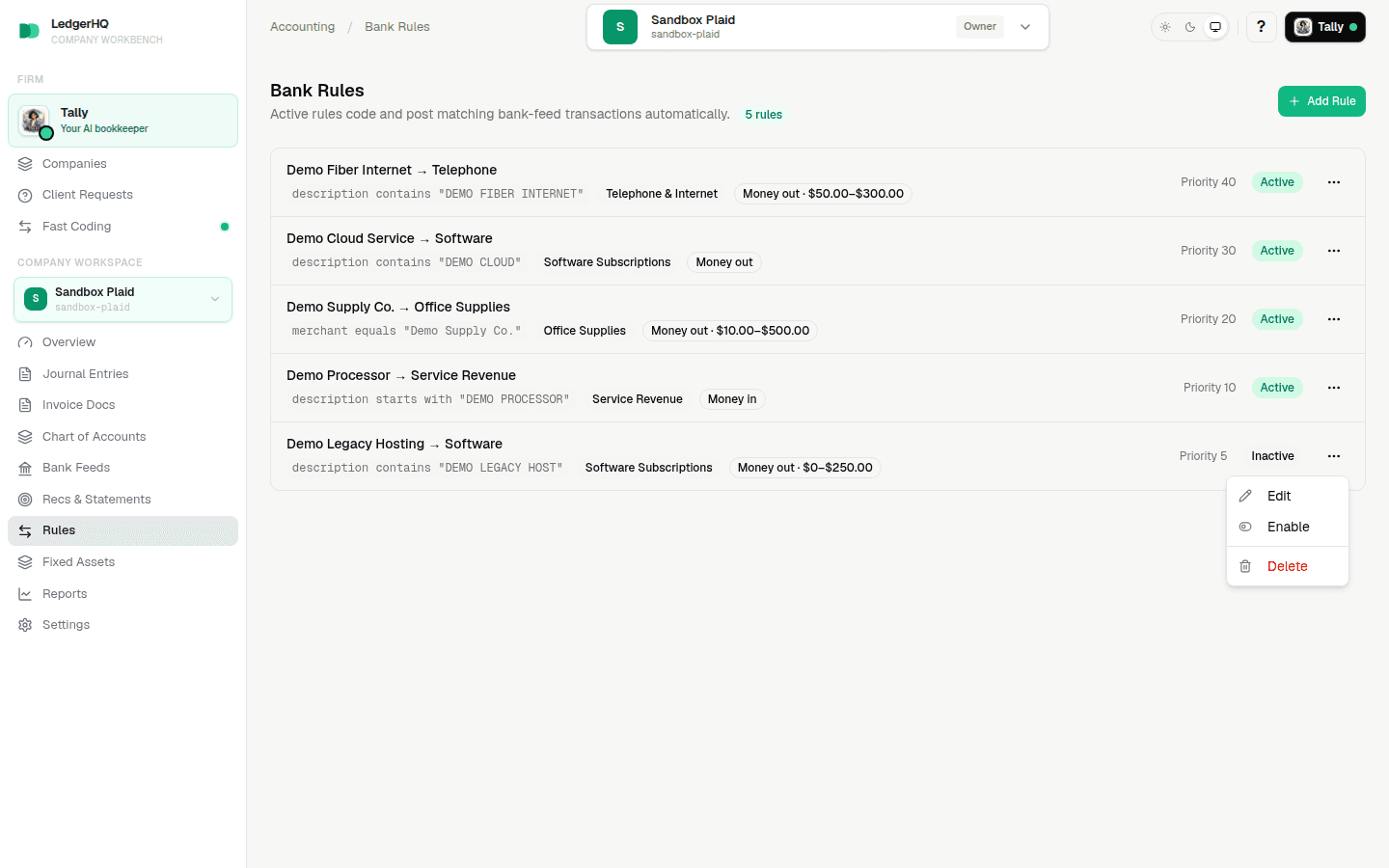 A disabled bank rule shown inactive with an enable action