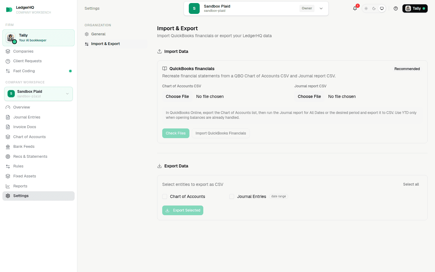 LedgerHQ Import & Export page with the QuickBooks financials file inputs highlighted