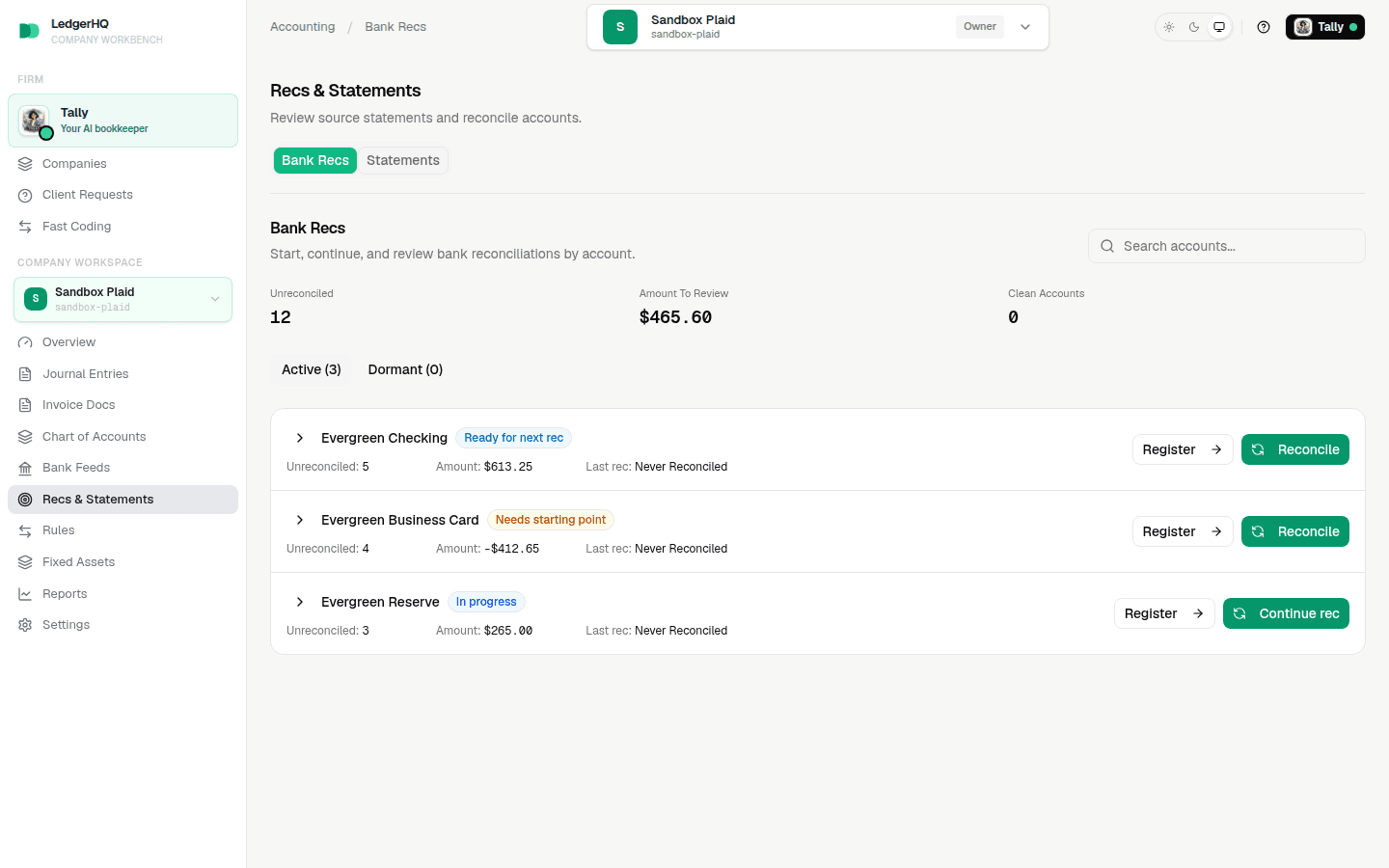 Bank Recs showing fictional accounts in needs-starting-point, ready, and in-progress states