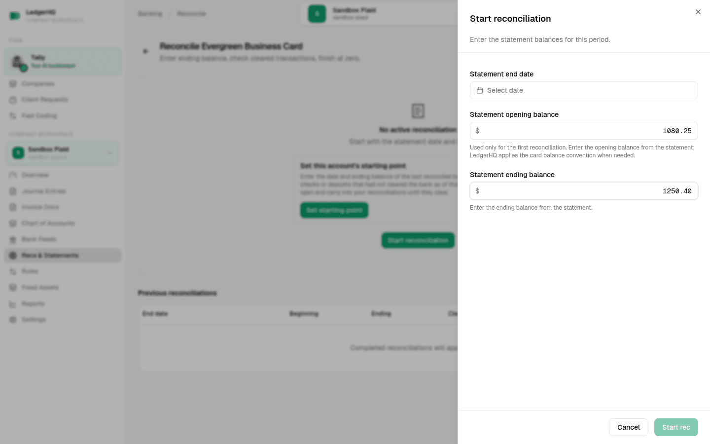 A credit-card Start reconciliation form using safe positive statement balance-due amounts