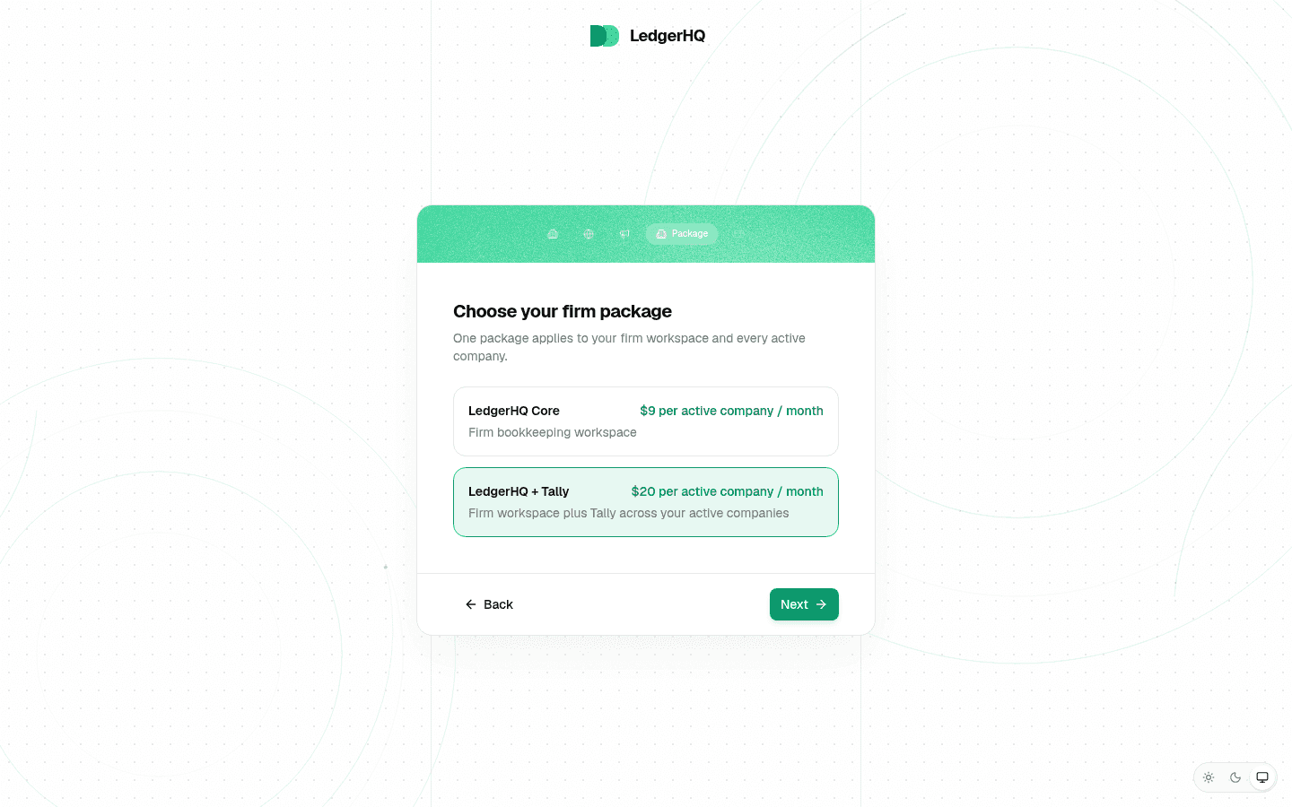 LedgerHQ package step comparing LedgerHQ Core and LedgerHQ plus Tally