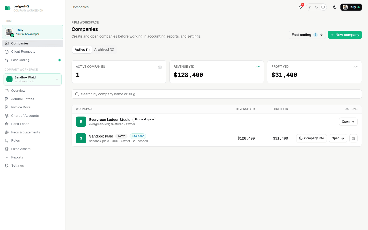 LedgerHQ Companies list after the fictional firm completed onboarding
