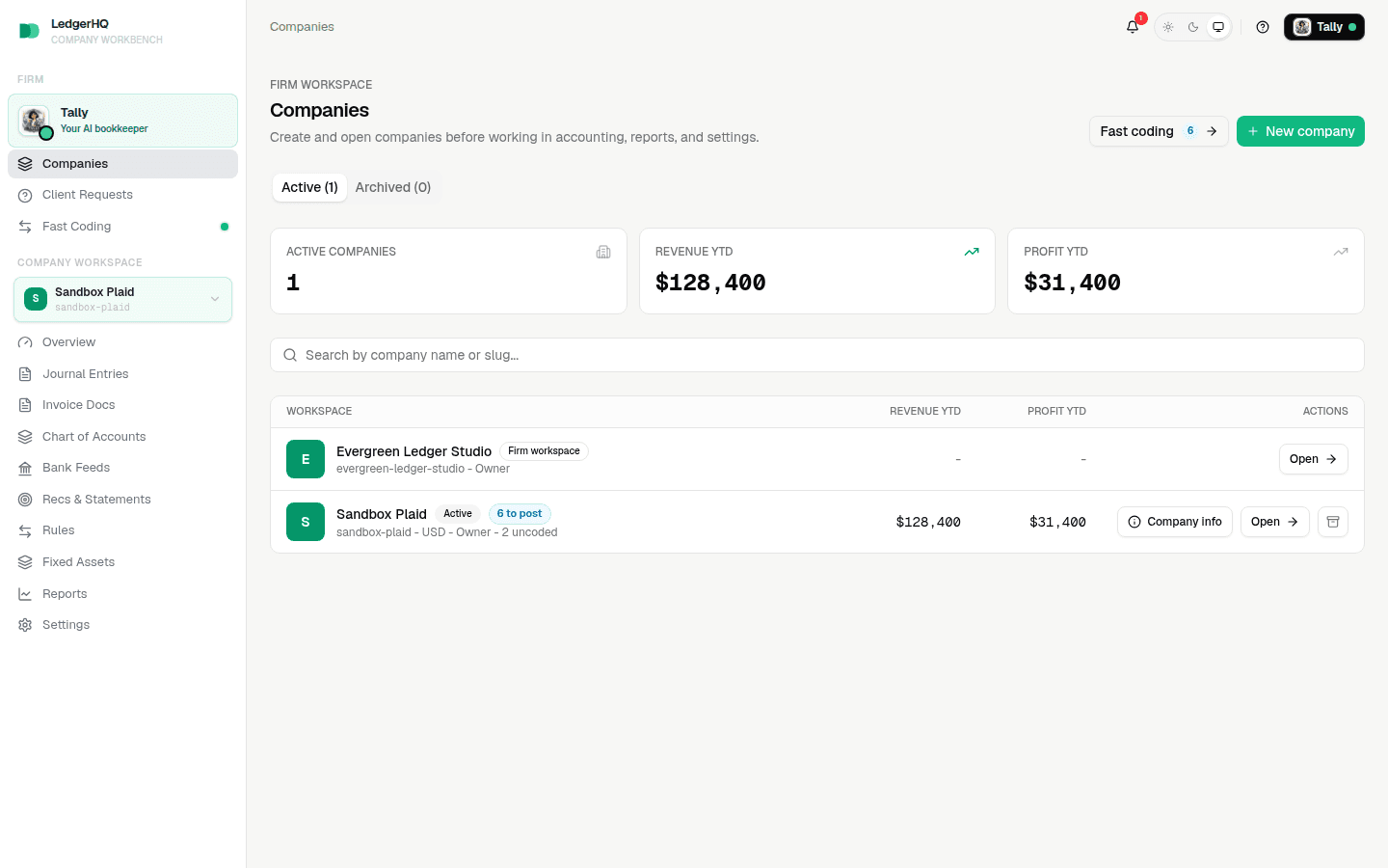 LedgerHQ Companies page with the New company control and fictional demo workspaces