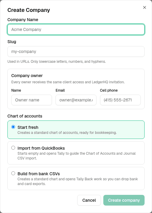 Create Company dialog with owner fields and all three starting-chart choices