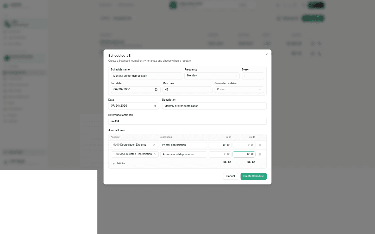 The Scheduled JE dialog with frequency, limits, and output setting