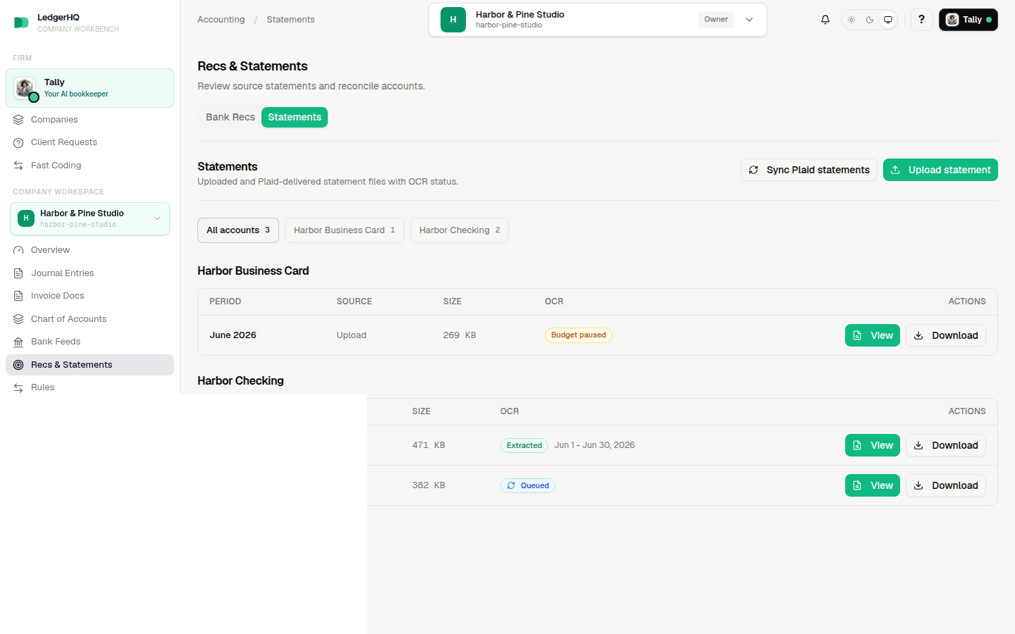 The Statements workspace with account filters and OCR status