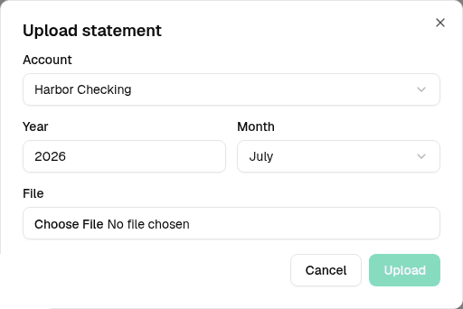 The Upload statement dialog with its required account and period fields