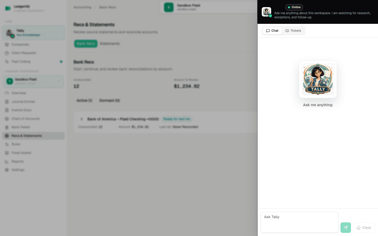 The Tally drawer ready for a support-ticket request from the current LedgerHQ page