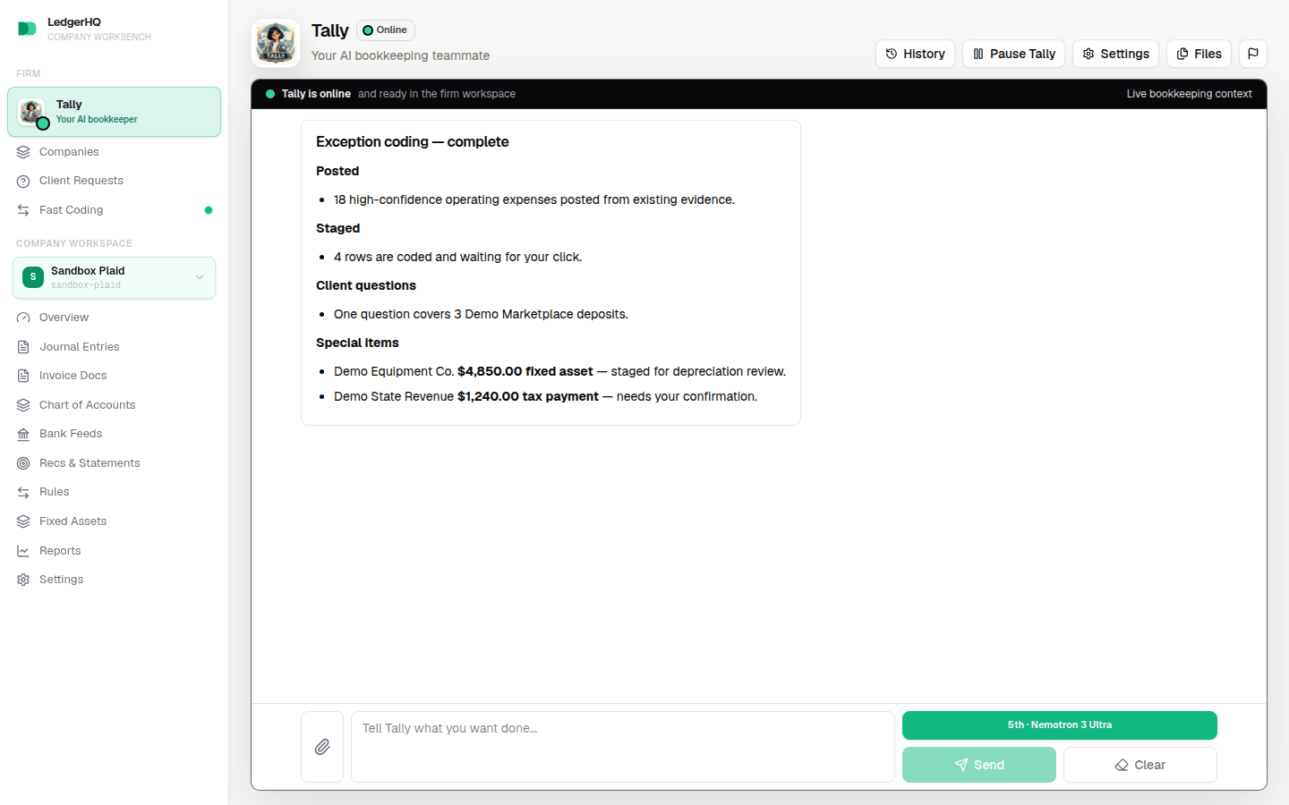 A Tally coding run showing posted, staged, and special items